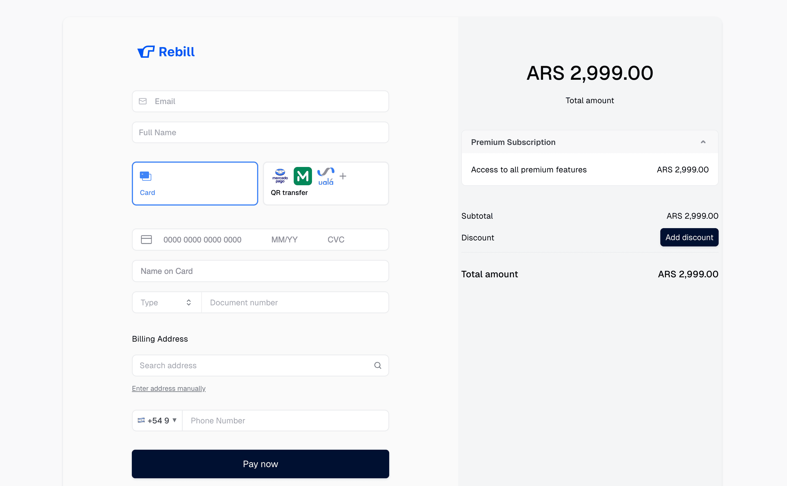 Rebill checkout page